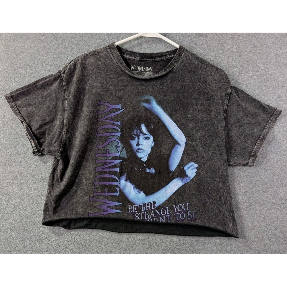 Wednesday Addams Raw Hem Cropped Graphic Tee Women's Medium Acid Wash Goth